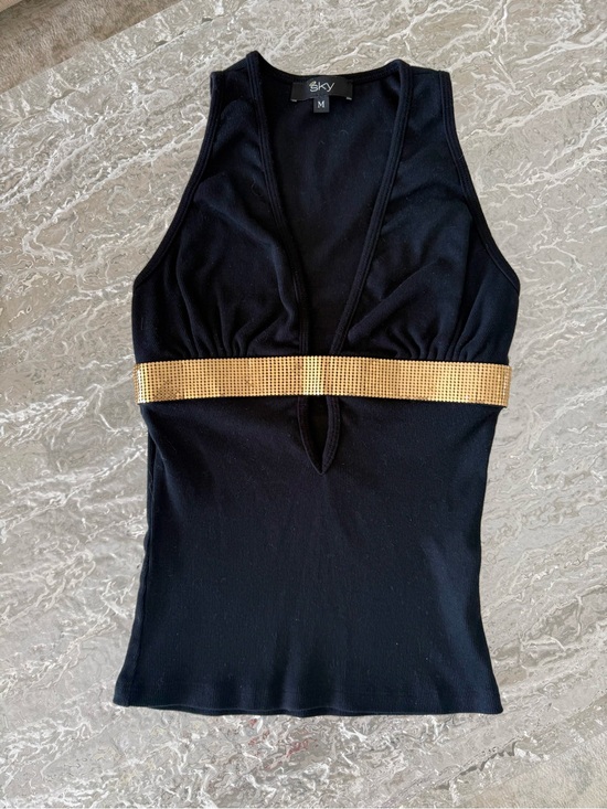 Sky Tops - Sky Black V-Neck Tank with Gold Embellished Band